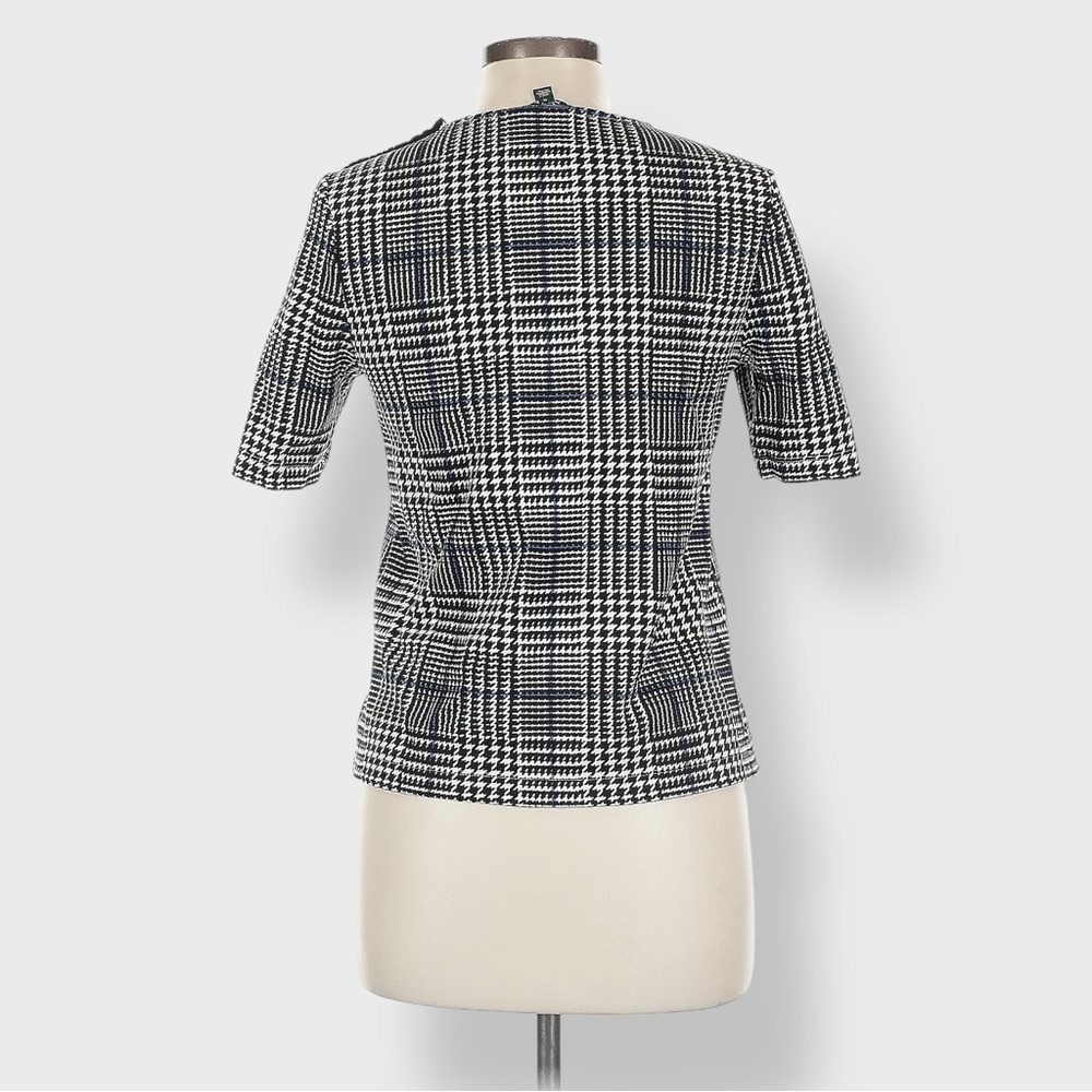 Lauren Ralph Lauren Top Tee Women's Medium Black White Blue Houndstooth Stretch - Picture 3 of 11